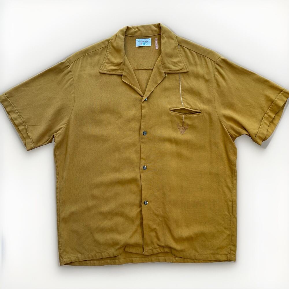Vintage 60s Loop Collar Shirt L Dark Khaki Camp Collar Short Sleeve California